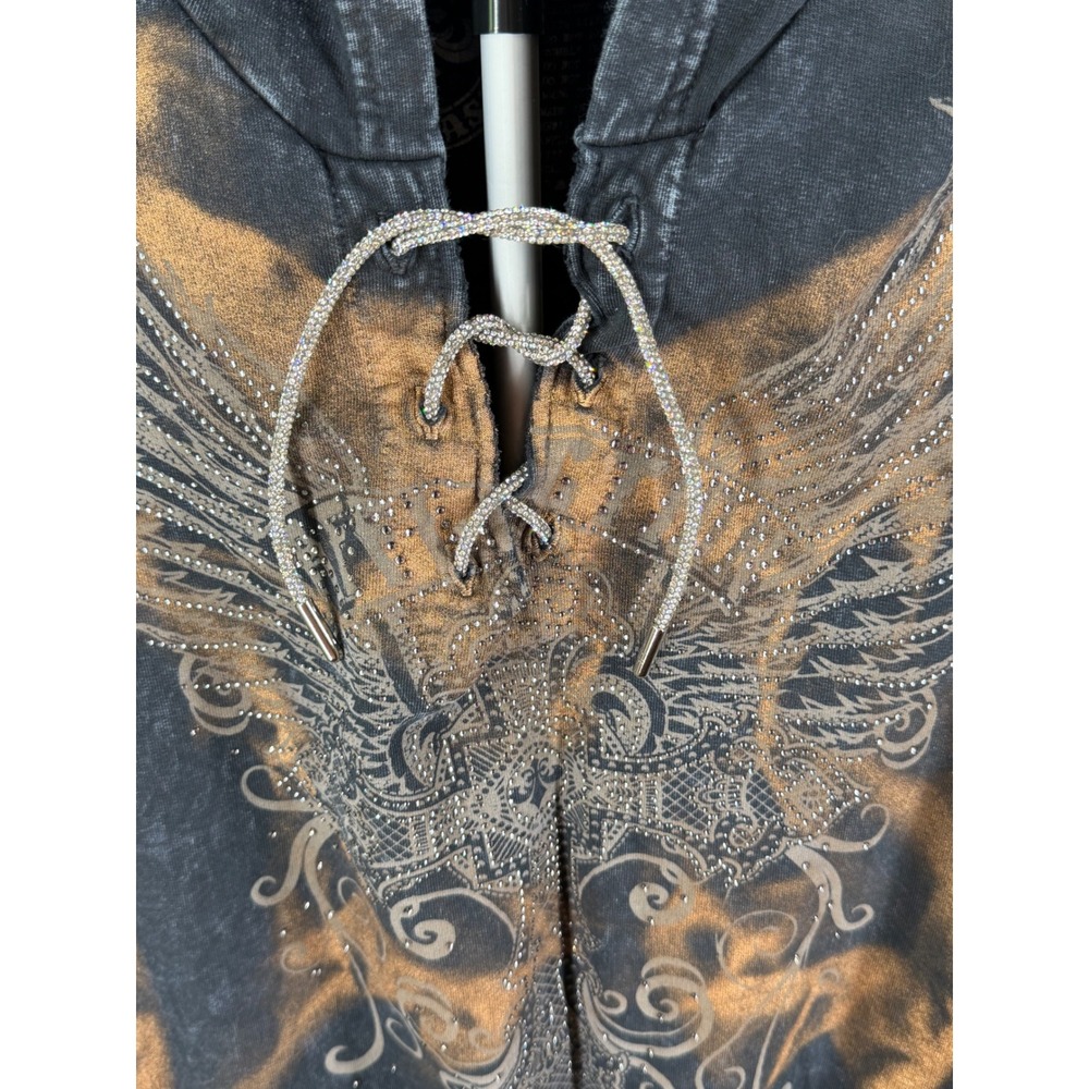 Affliction Live Fast Hoodie Womens XL Black Copper Acid Wash Rhinestone Lace Up - Picture 2 of 6